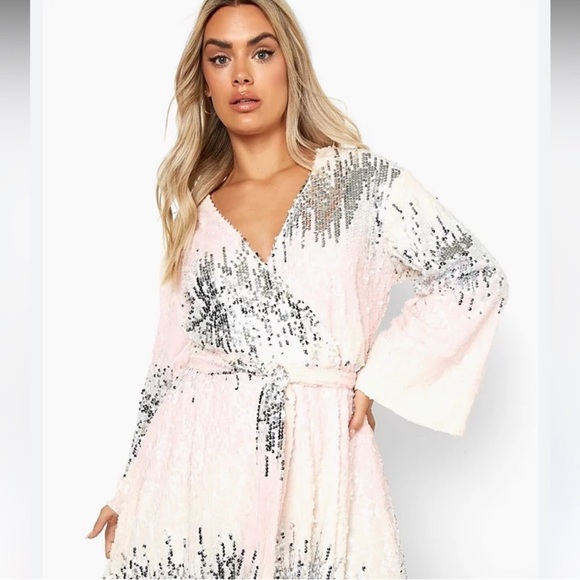 Sequin Wrap Dress in Pink and Silver - Picture 2 of 3